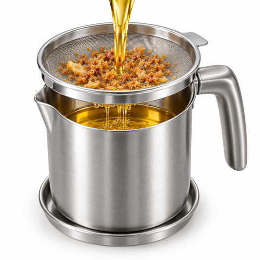 Stainless steel cooking oil strainer pot with fine mesh filter catching crumbs while filtering golden oil on pure white background