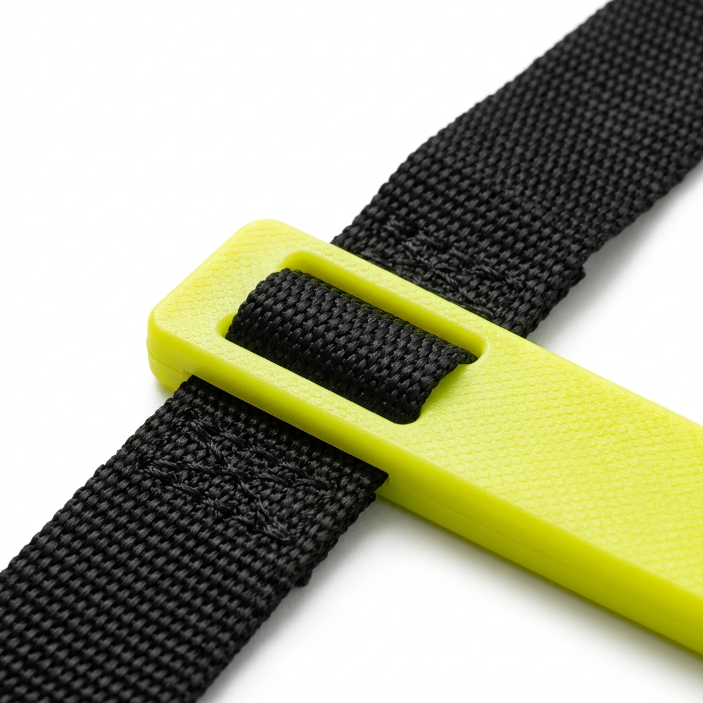 Detail close-up of agility ladder flexible PP crossbar and black nylon webbing strap on white background