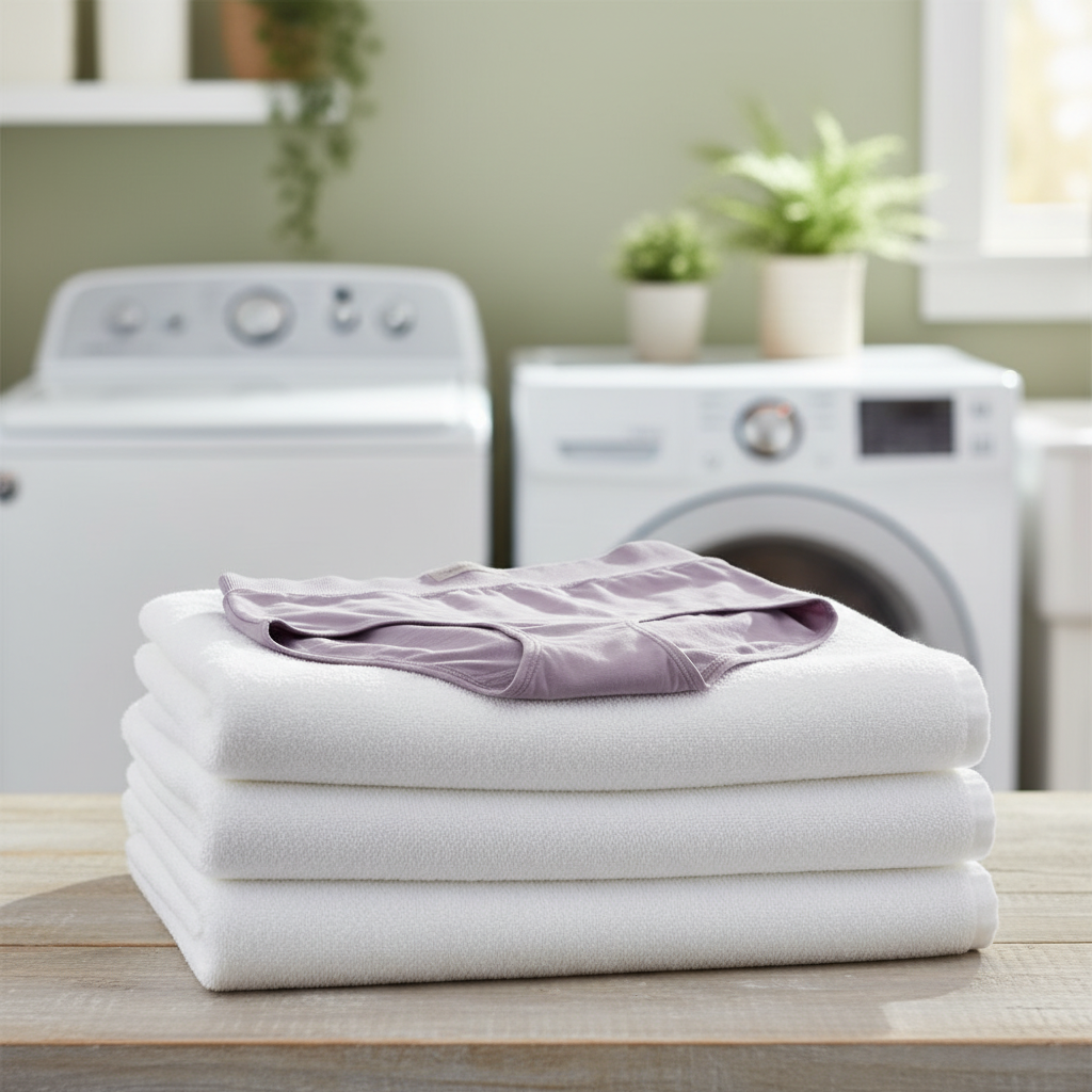 Lifestyle view of high waist cotton briefs neatly folded in an authentic sunlit home laundry room