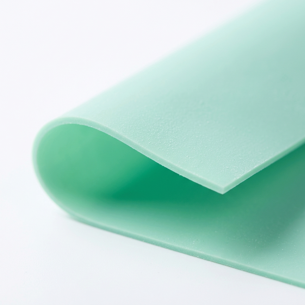 Detail close-up of long flat latex band showing ribbon flexibility and straight cut edge on white background