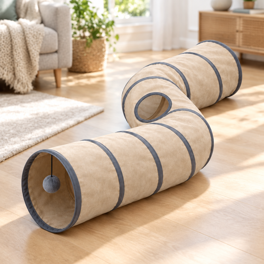 S-curve cat play tunnel resting on hardwood floor in sunlit modern living room