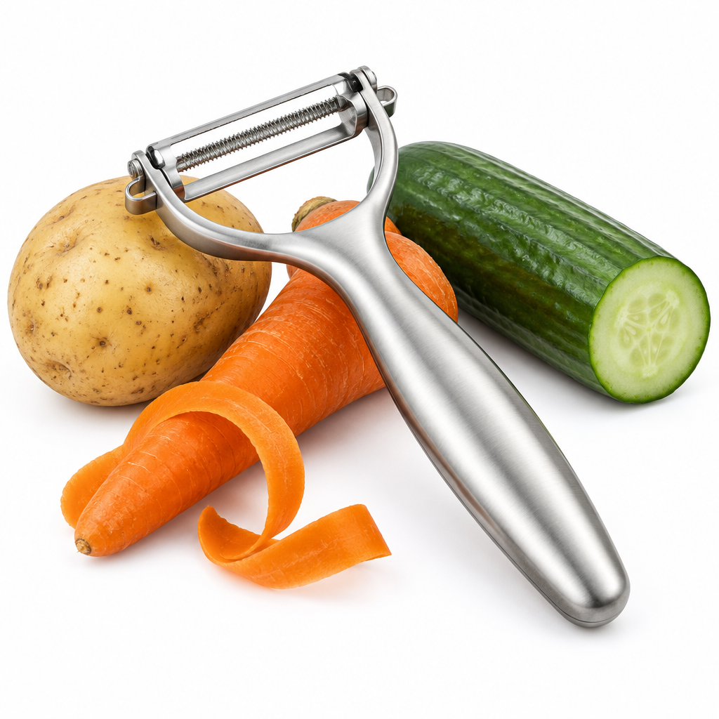 Stainless steel vegetable peeler with potato carrot peel ribbon and cucumber on pure white background