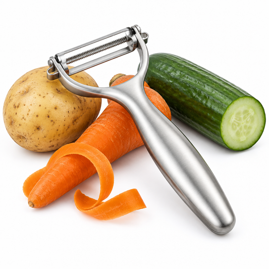 Stainless steel vegetable peeler with potato carrot peel ribbon and cucumber on pure white background