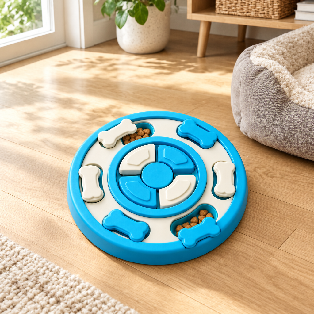 Dog treat puzzle toy resting on light hardwood floor in sunlit living room pet corner