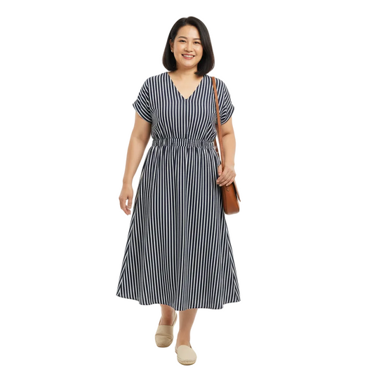 Front view of vertical striped V-neck A-line midi dress on white background