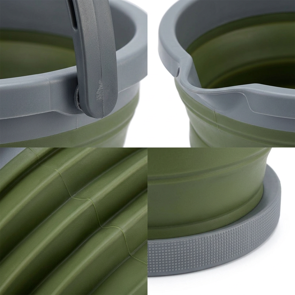 Detail close-up of collapsible camping water bucket showing ergonomic swivel handle, pour spout rim, and flexible tiered folding pleats on white background
