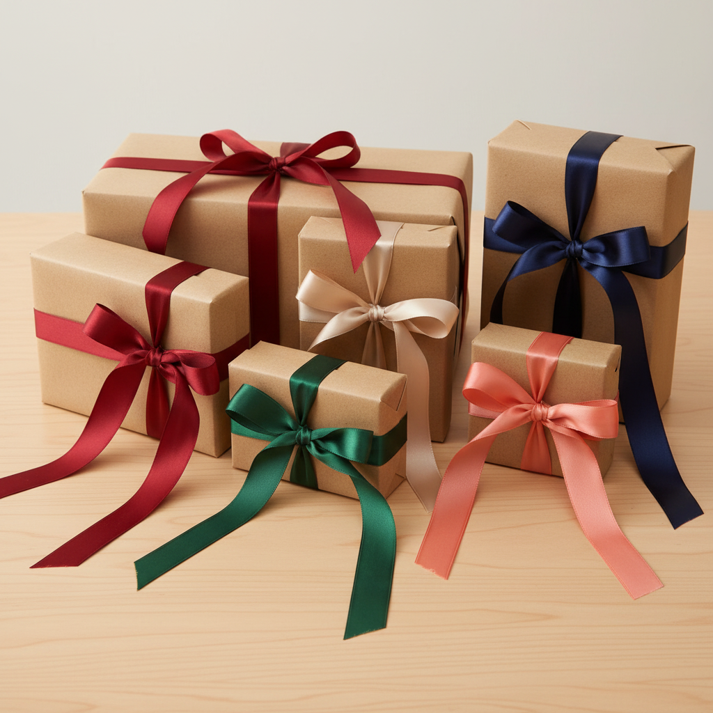Simple kraft and cream gift boxes tied with burgundy, green, champagne, coral and navy satin ribbons in classic bows.