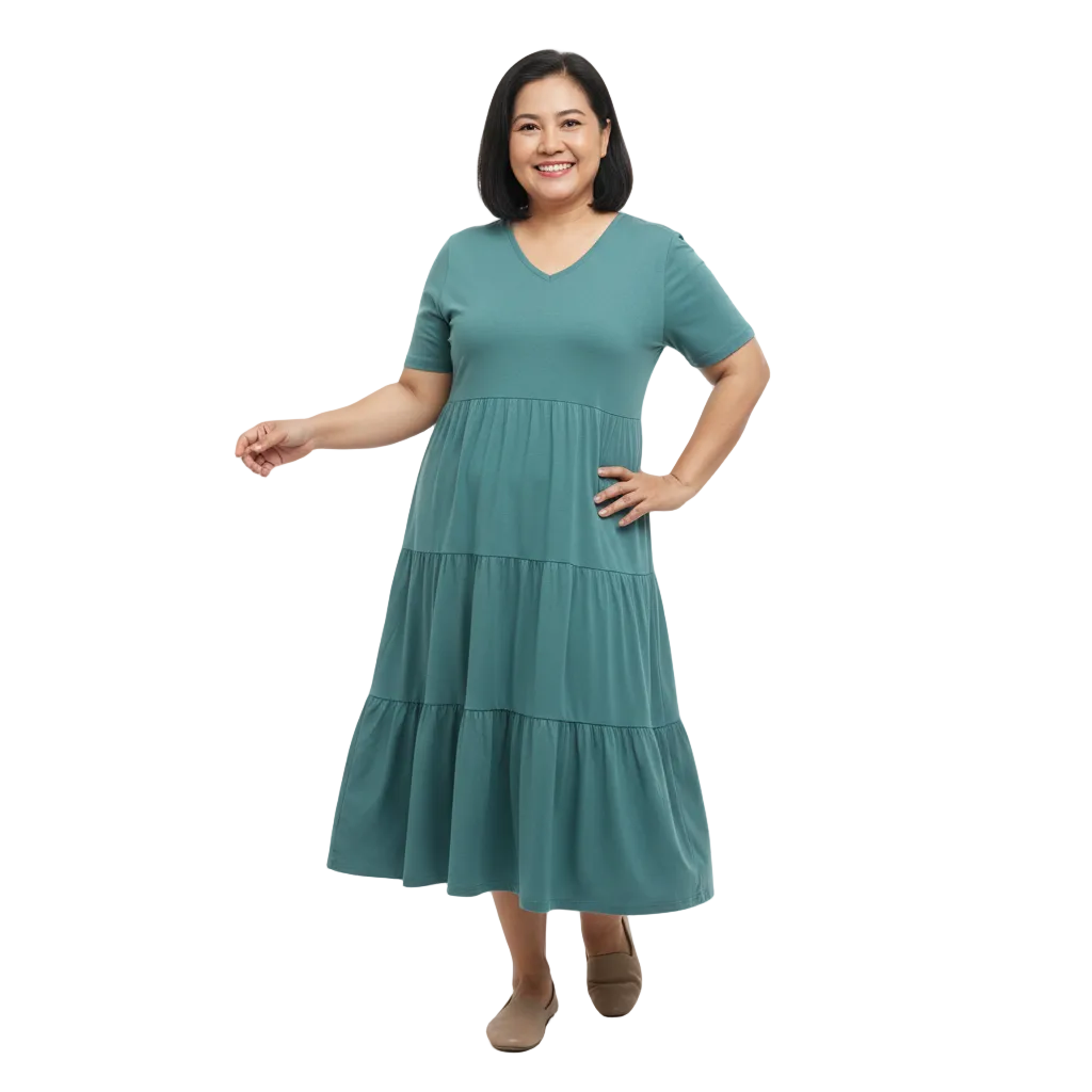 Front view of V-neck tiered midi dress on white background