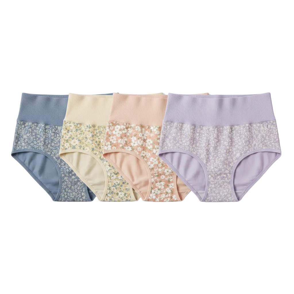 Multi-color flat lay of high waist floral briefs in four different print variations