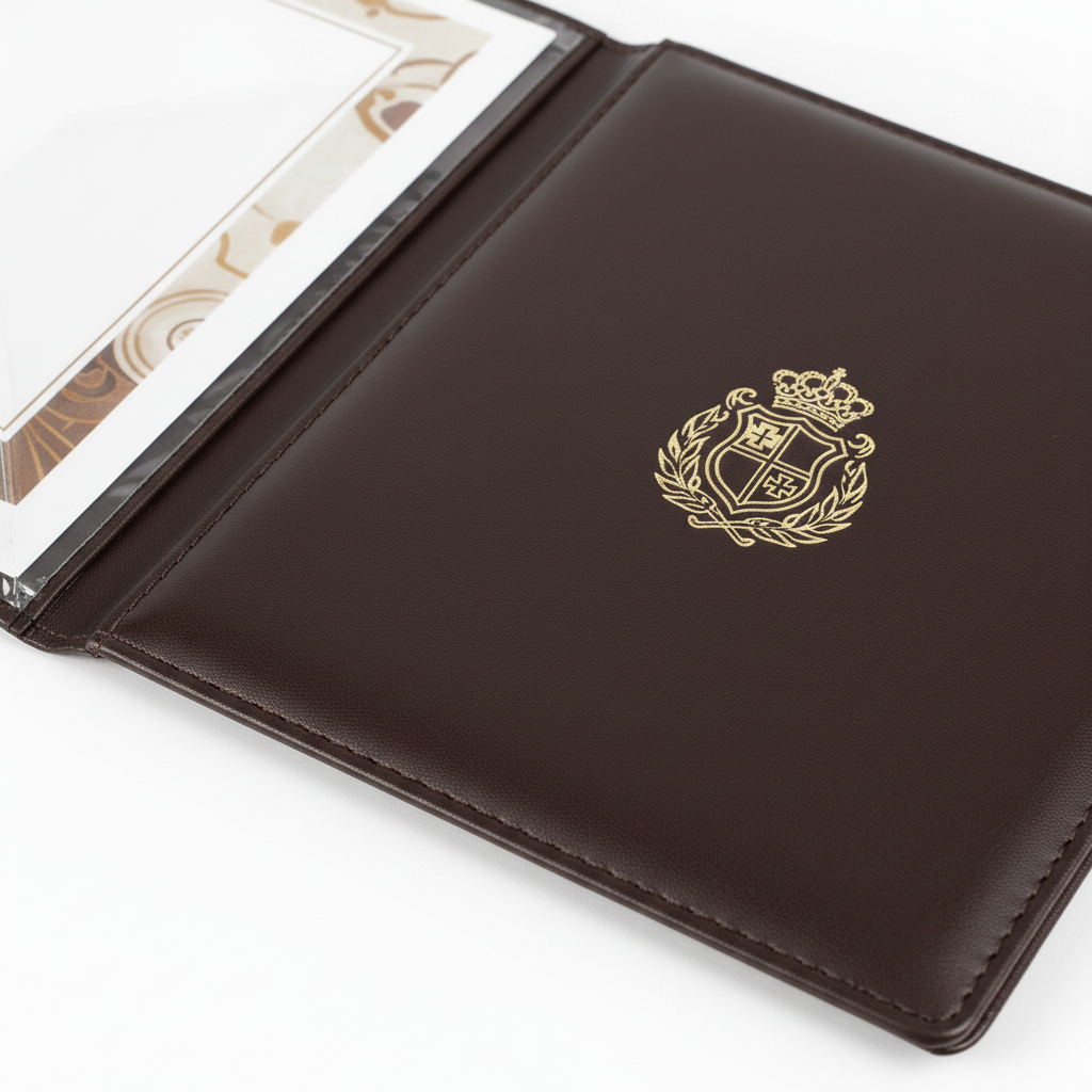 Macro detail of embossed gold hotel emblem and clear corner menu sleeve pocket