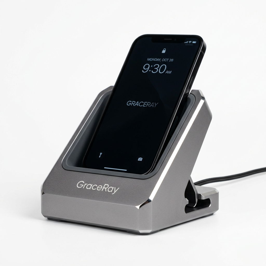 Desktop phone dock holding a smartphone upright on a professional office desk.