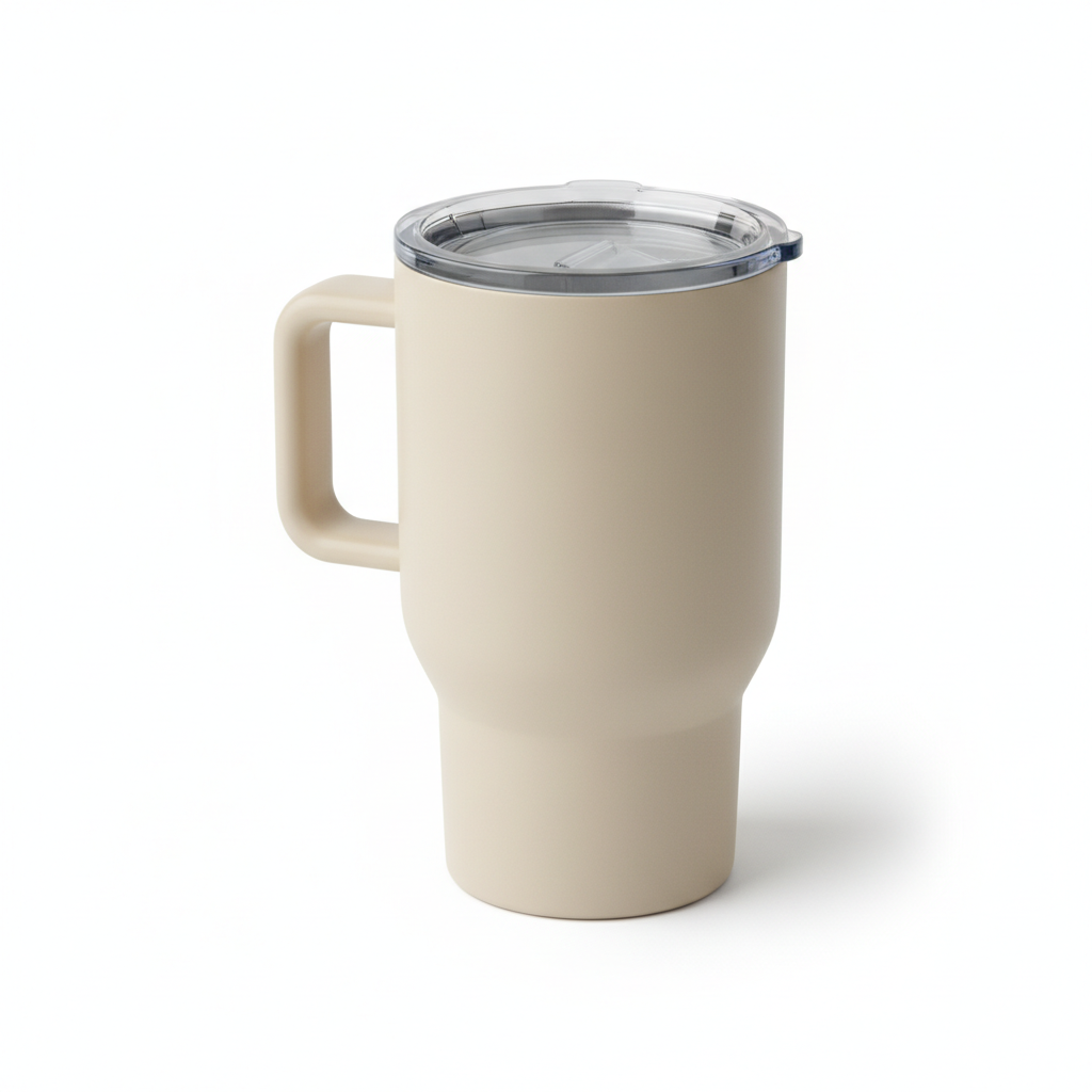 Matte beige stainless steel travel mug with integrated side handle on pure white background