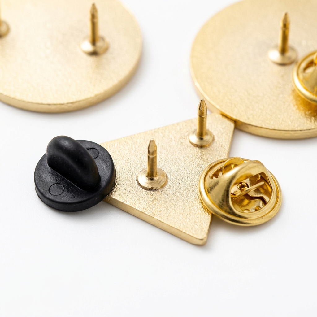 Detail close-up of custom enamel pin showing reverse sandblasted metal backplate and clutch fasteners on white background