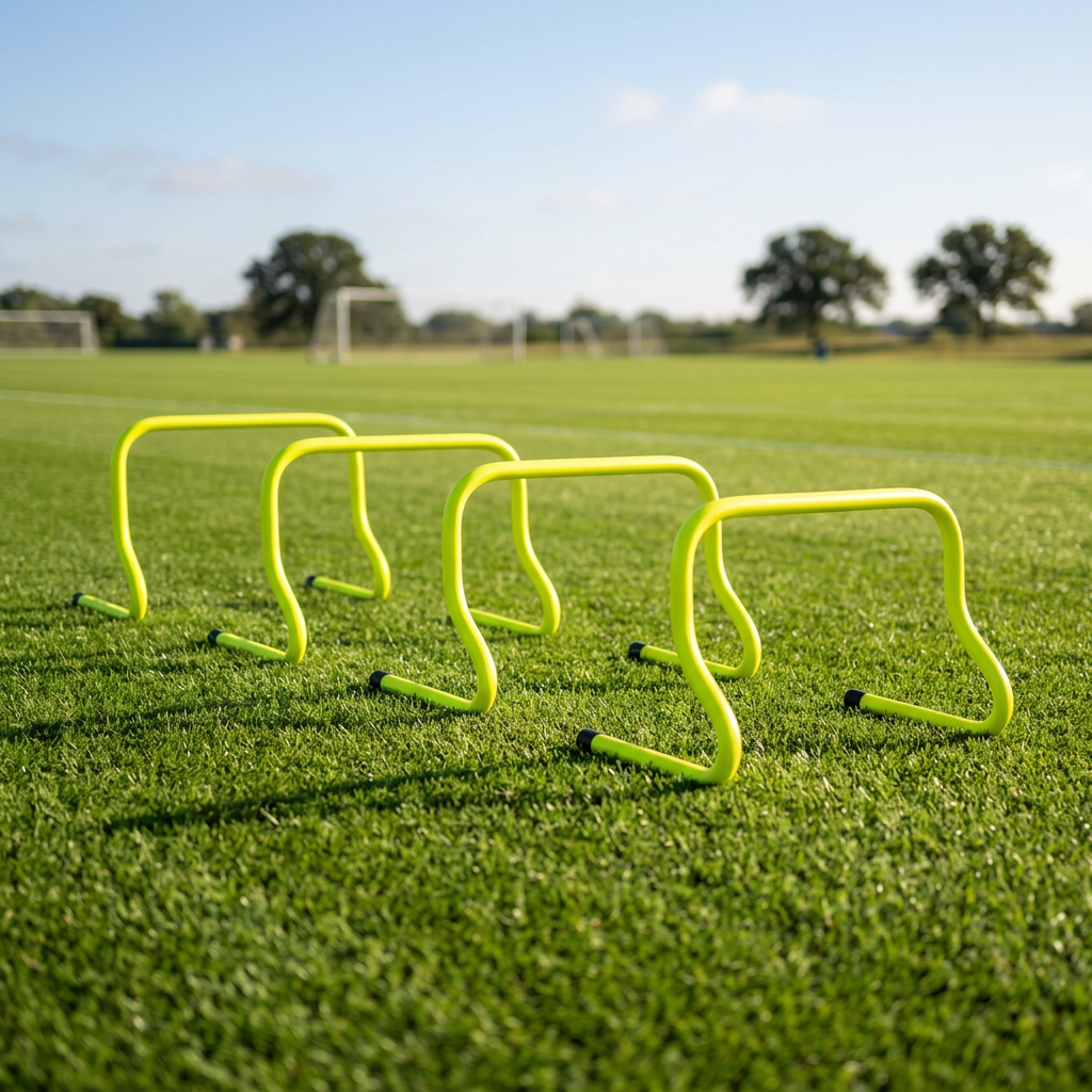 Sports training hurdles arranged in a jumping drill line on a grass sports field