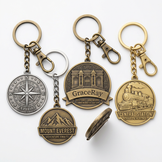 Custom metal souvenir keychains with decorative shapes, engraved details, and metal attachments.