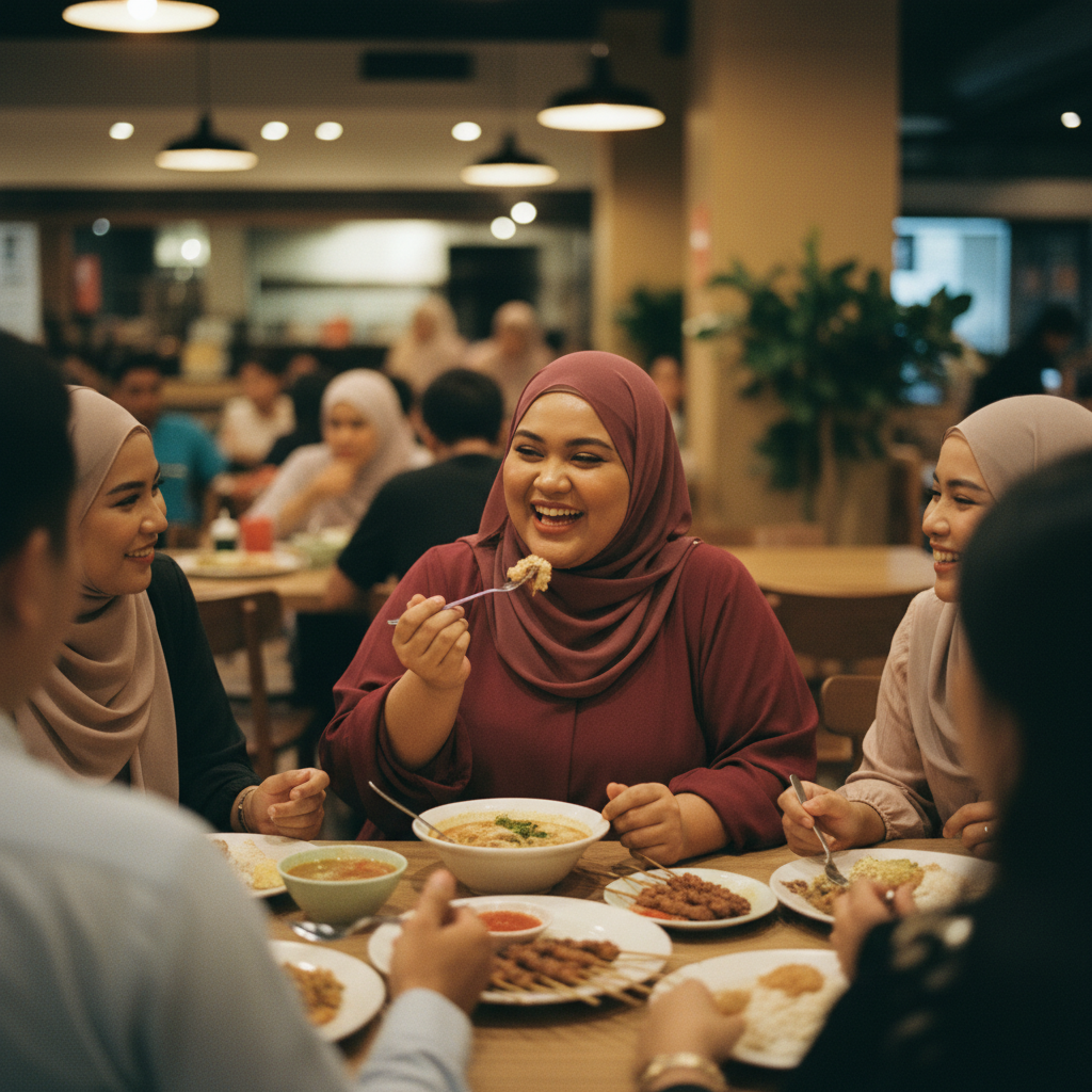 Malaysian Muslim woman burgundy abaya-inspired dress at restaurant