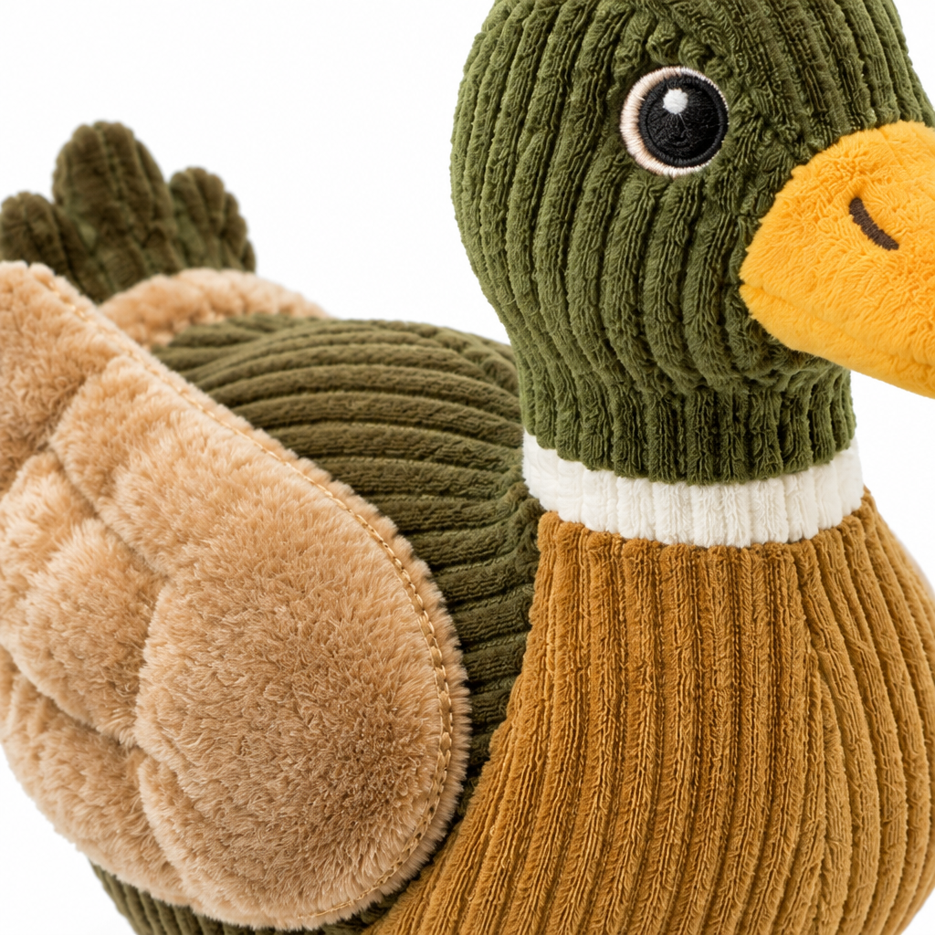 Macro close-up detail of ribbed corduroy fabric and reinforced double stitching on plush dog toy