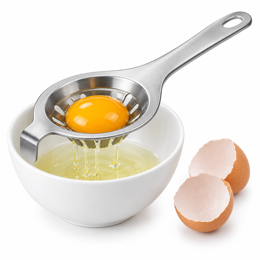Single stainless steel kitchen egg separator resting on a white ceramic bowl with an intact egg yolk in the cradle while egg white filters into the bowl on a pure white background