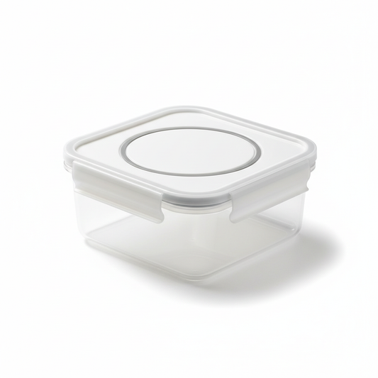 Rectangular clear food storage container with white silicone seal snap-lock lid on pure white background