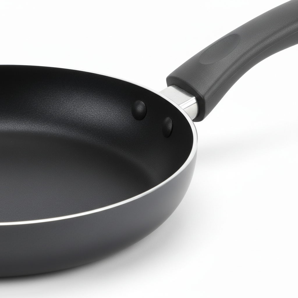 Close-up detail of the smooth non-stick interior cooking surface and secure riveted handle connection on white.