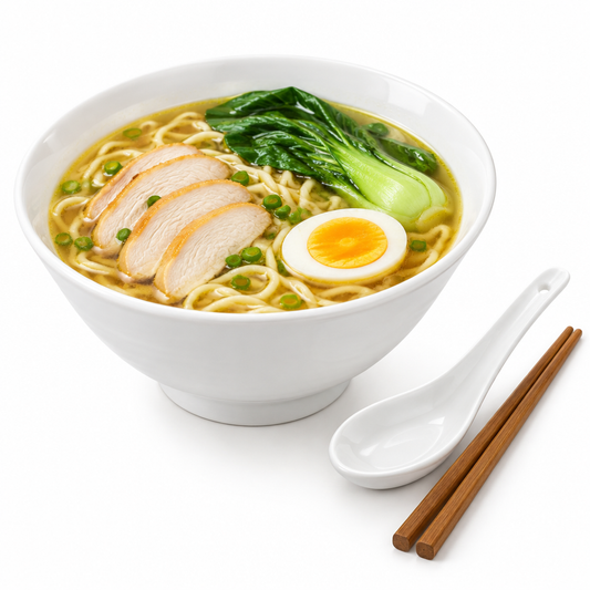 Round durable white glazed ceramic soup bowl filled with hot noodle soup, bok choy, chicken, and egg with spoon and chopsticks on a seamless pure white background