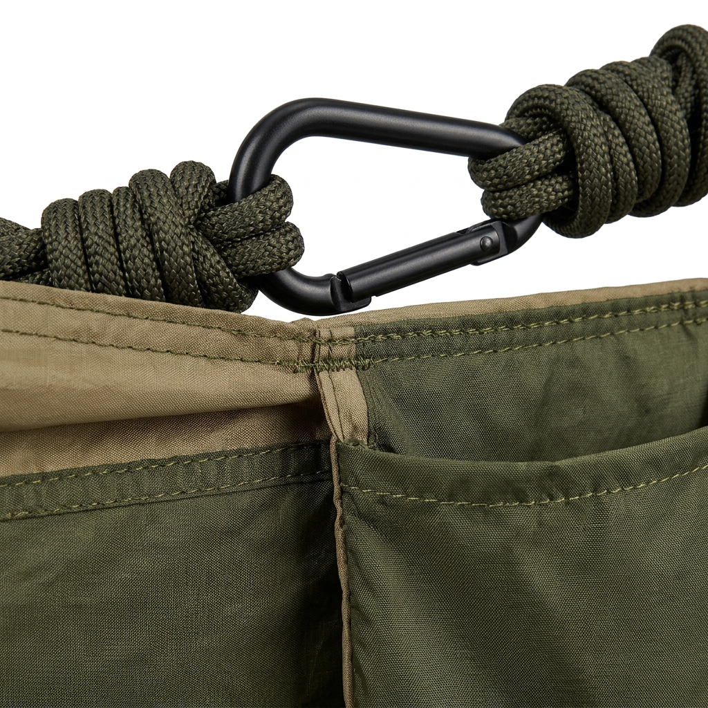Detail close-up of camping hammock showing heavy-duty steel wiregate carabiner, triple-stitched interlocking seams, and attached stuff pouch on white background