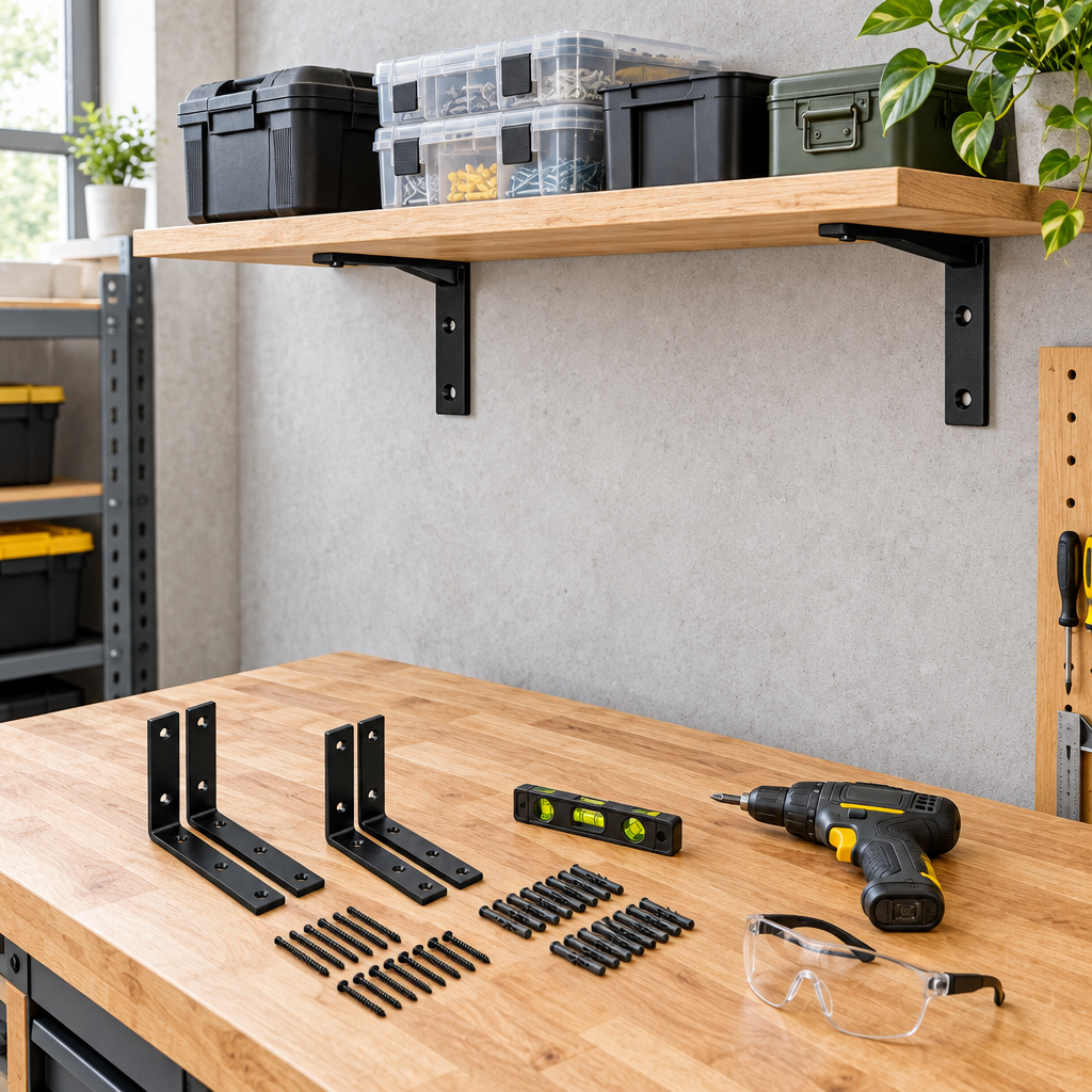 Pair of matte black metal shelf brackets mounted on a concrete wall supporting a wooden storage shelf with spirit level and drill nearby