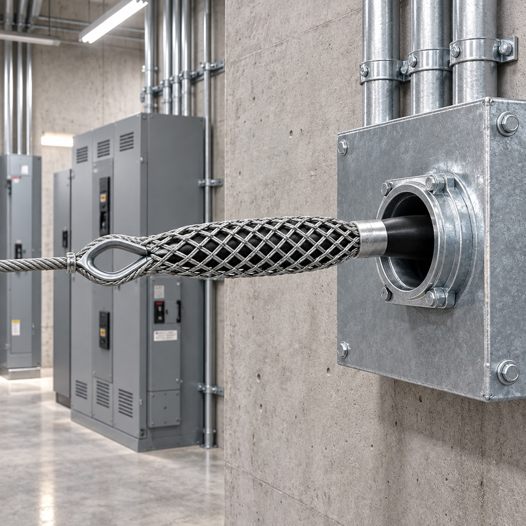 Cable pulling grip guiding power cable into conduit in commercial electrical installation scene