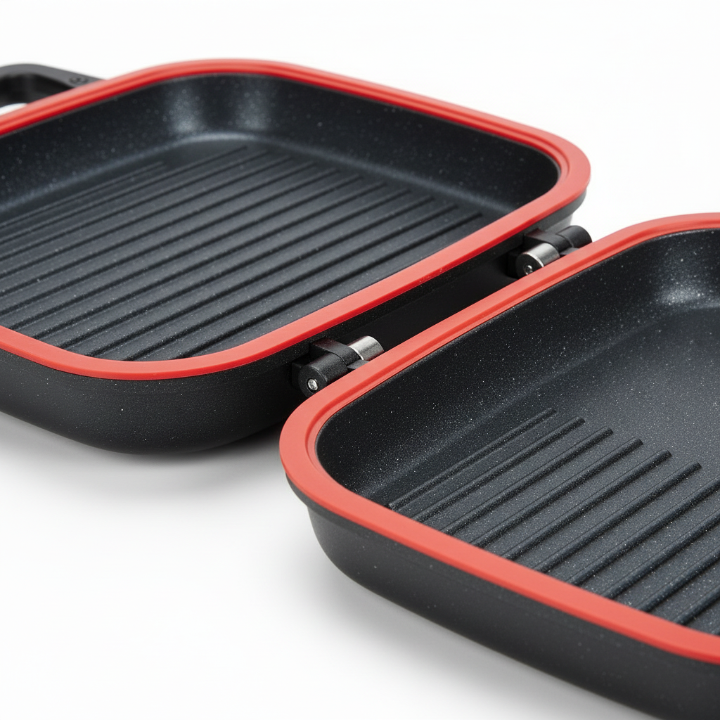 Macro detail of silicone gasket sealing rim, raised grill ridges, and magnetic handle closure