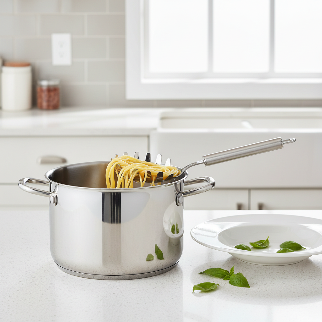 Stainless steel pasta server holding cooked spaghetti over stockpot in modern kitchen