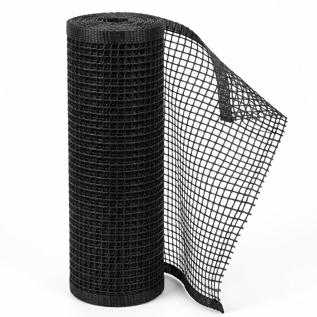 Outdoor protective netting roll in heavy-duty UV-resistant black HDPE mesh with unrolled sheet section showing square grid pattern and reinforced edges on pure white background