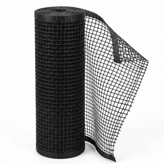 Outdoor protective netting roll in heavy-duty UV-resistant black HDPE mesh with unrolled sheet section showing square grid pattern and reinforced edges on pure white background
