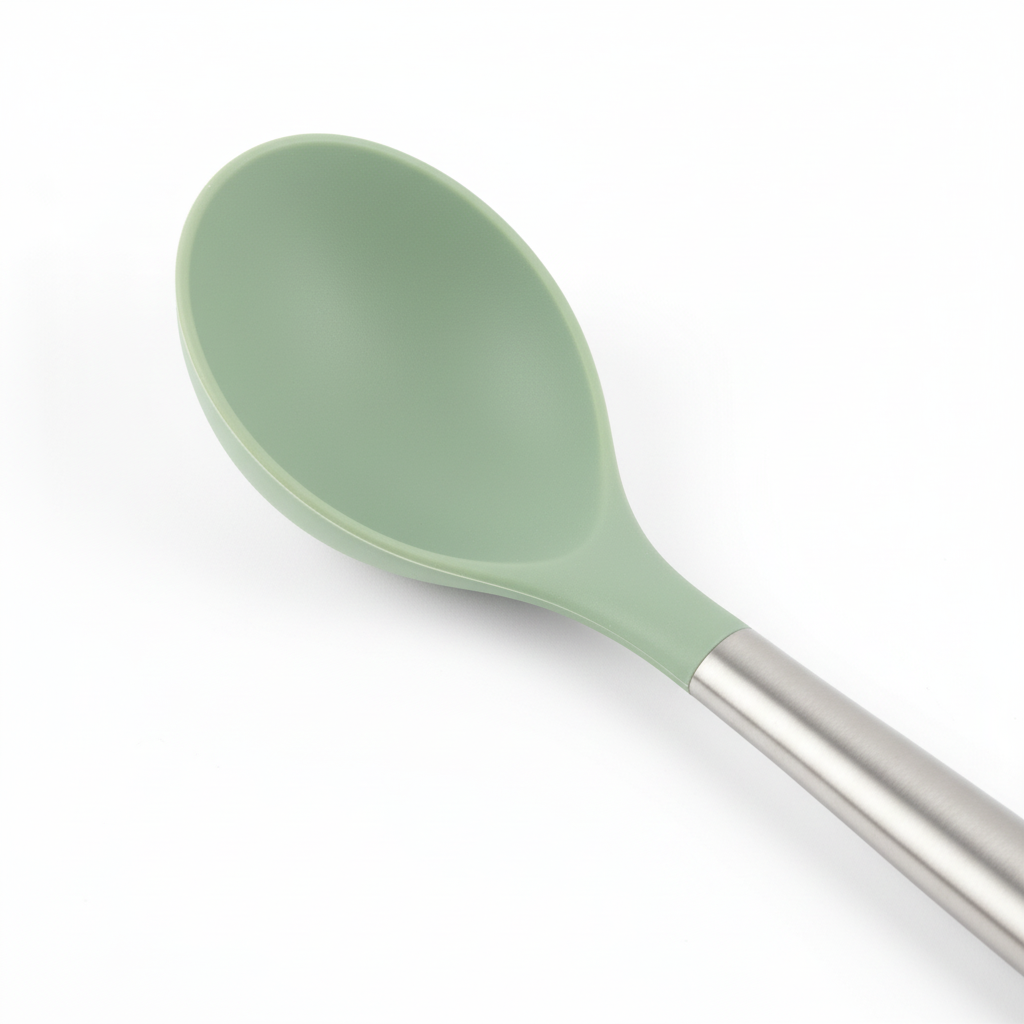 Macro detail of heat-resistant sage green silicone spoon head and brushed stainless steel handle on pure white background