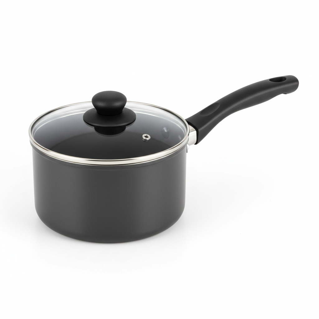 Compact aluminum non-stick saucepan with transparent tempered glass lid and heat-resistant handle on a white background.