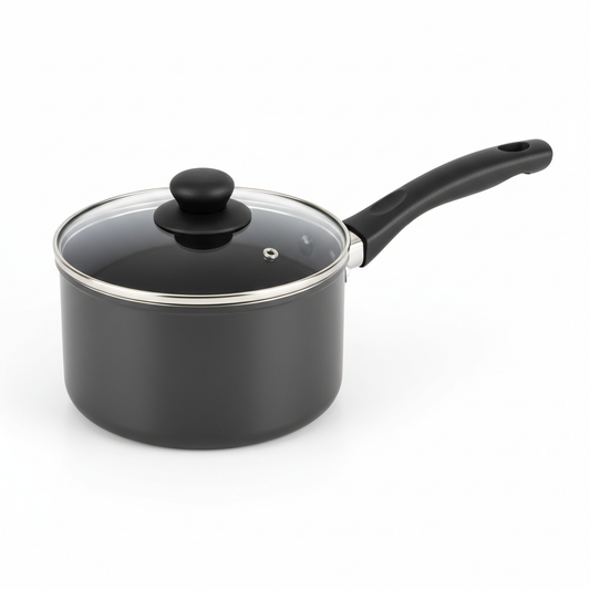 Compact aluminum non-stick saucepan with transparent tempered glass lid and heat-resistant handle on a white background.