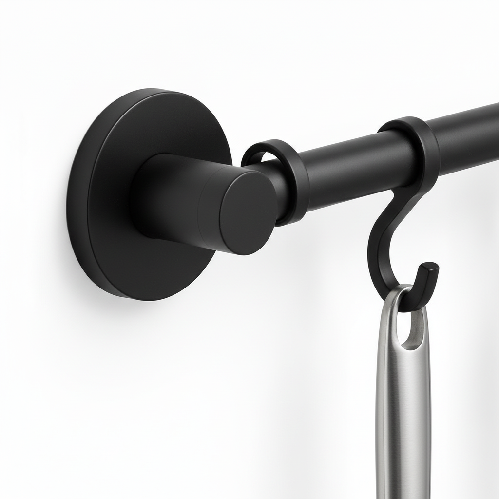 Close-up detail of wall mounting bracket and sliding hook on kitchen utensil rail
