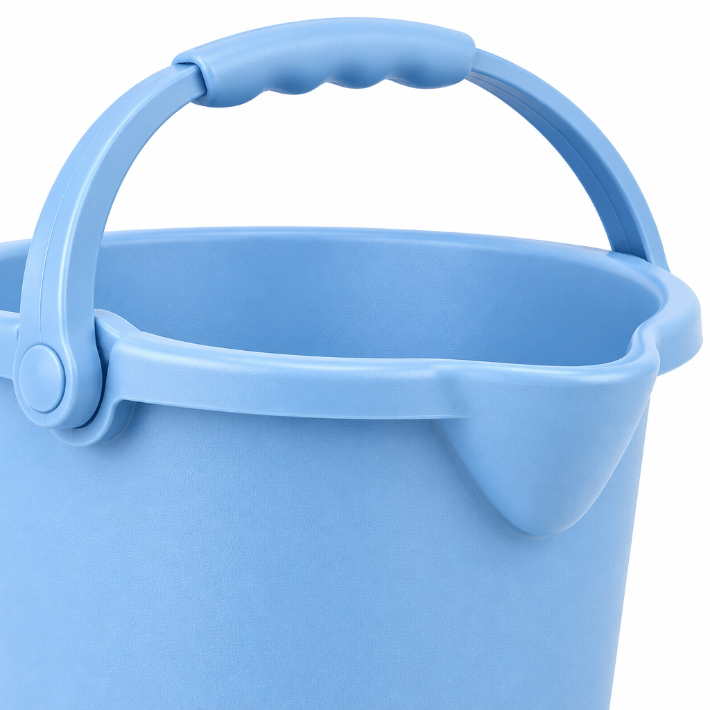 Macro close-up of plastic bucket rim, pouring spout, handle hinge attachment, and ergonomic grip