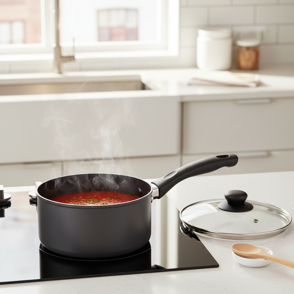 Compact non-stick saucepan simmering tomato sauce on an induction cooktop with glass lid resting nearby.