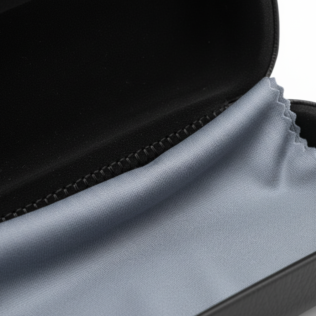 Macro detail of integrated microfiber cloth attachment seam in eyeglass case lining