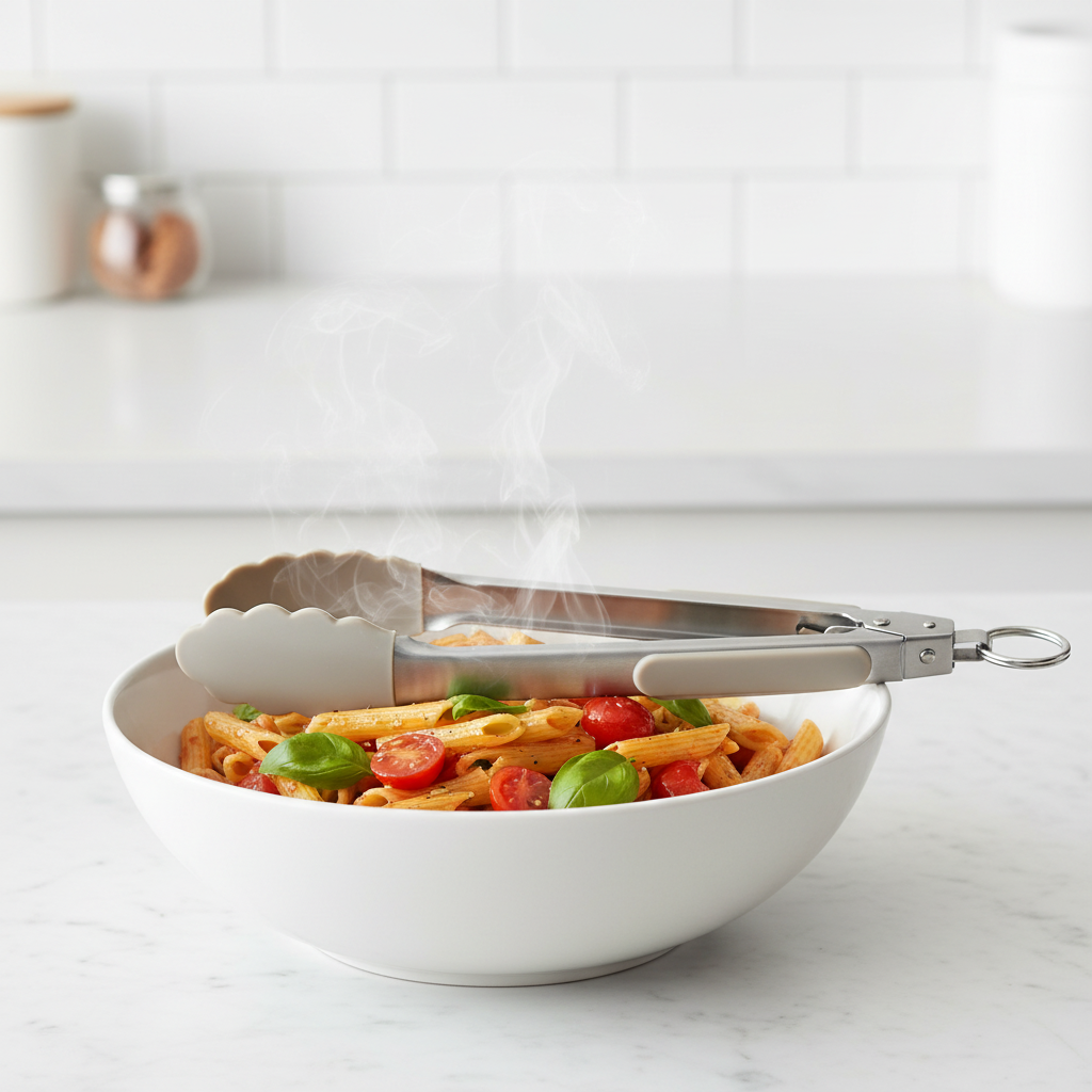 Silicone kitchen tongs resting across pasta serving bowl in modern kitchen