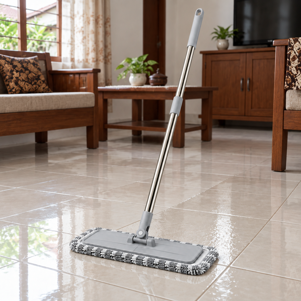 Flat microfiber mop on tiled floor in an Indonesian living room with realistic damp cleaning trail