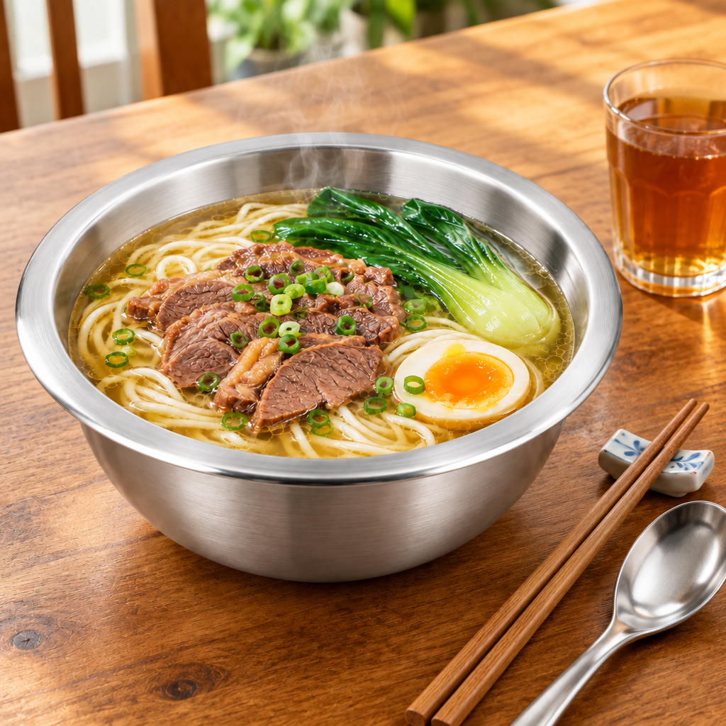 Deep stainless steel plate with steaming noodle soup on a wooden restaurant dining table with chopsticks and spoon