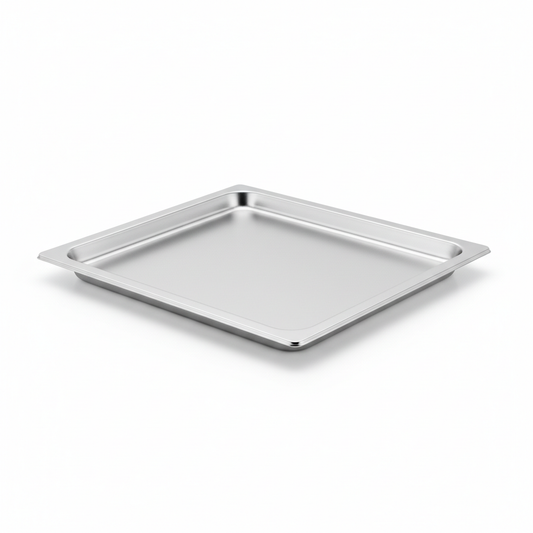 Large rectangular brushed satin stainless steel hotel breakfast buffet serving tray approximately 45x30cm with slightly raised flat rim placed flat on white background with soft shadow, commercial hospitality hotel resort breakfast buffet catering tray