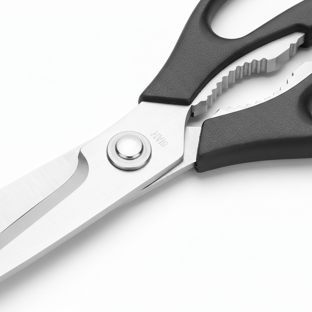 Macro detail of kitchen scissors pivot screw, toothed nutcracker, bottle opener notch, and black handle