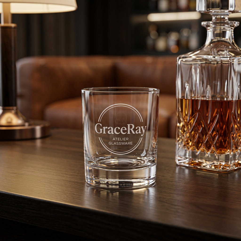 Personalized glass tumbler displayed on an oak bar counter in an executive lounge setting