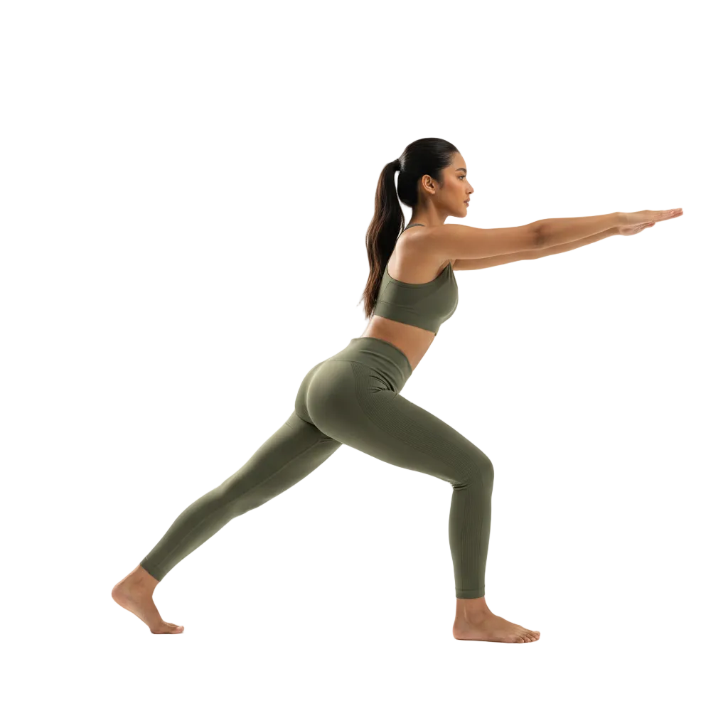 Malaysian model wearing olive green seamless yoga leggings side view