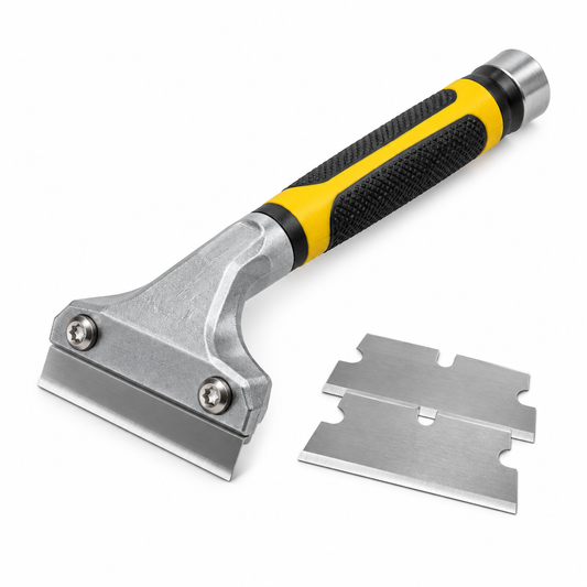 Heavy-duty handheld paint scraper with ground carbon steel blade and yellow handle on a pure white background with comfortable margins