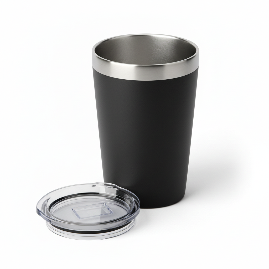 Open matte black coffee tumbler with clear lid resting beside it on pure white background