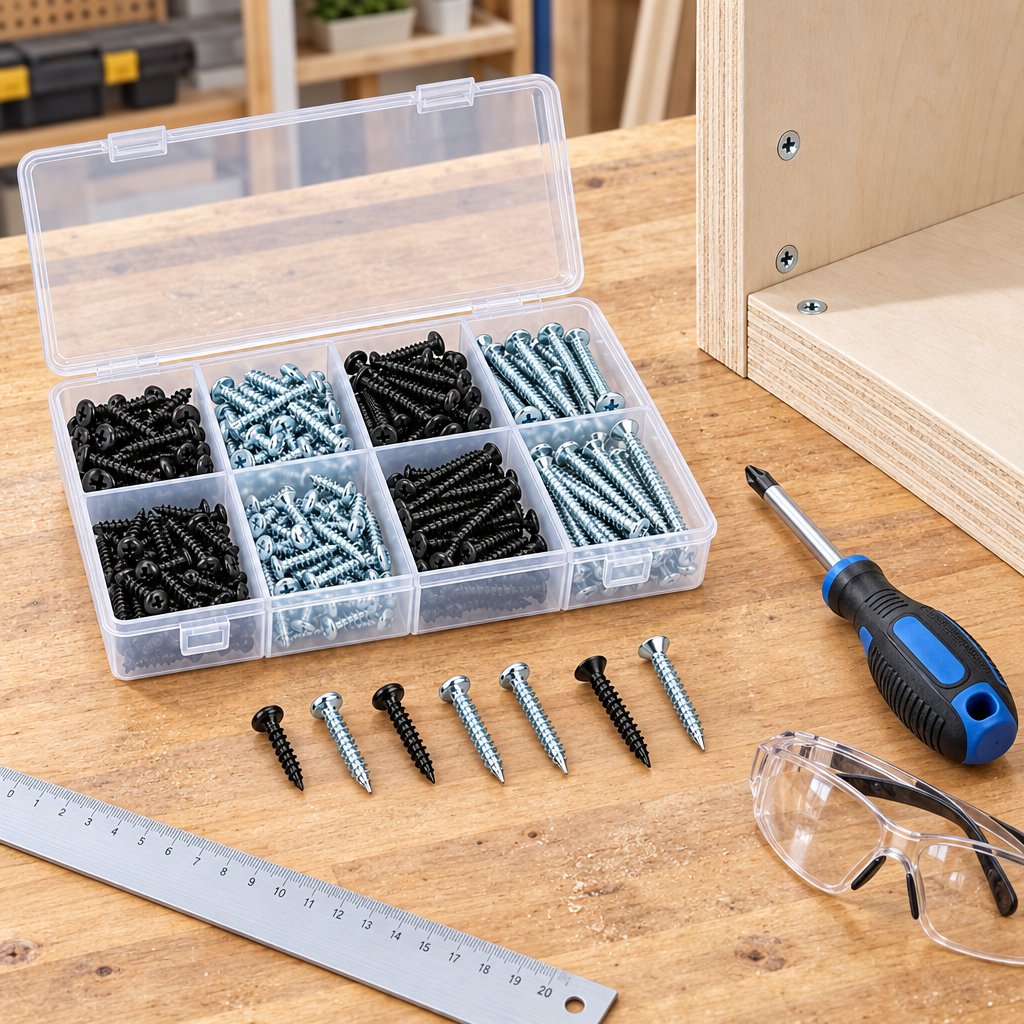 Open self-tapping screw organizer box resting on a wooden workbench beside an assembled plywood cabinet joint, Phillips screwdriver, and safety glasses