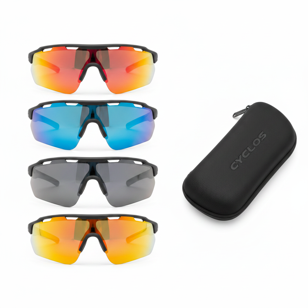 Assorted mirrored lens color options of sports cycling glasses with case on white background